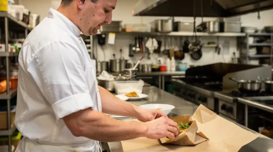 Cuisinier préparant commande à emporter avec papier kraft biodégradable en cuisine professionnelle