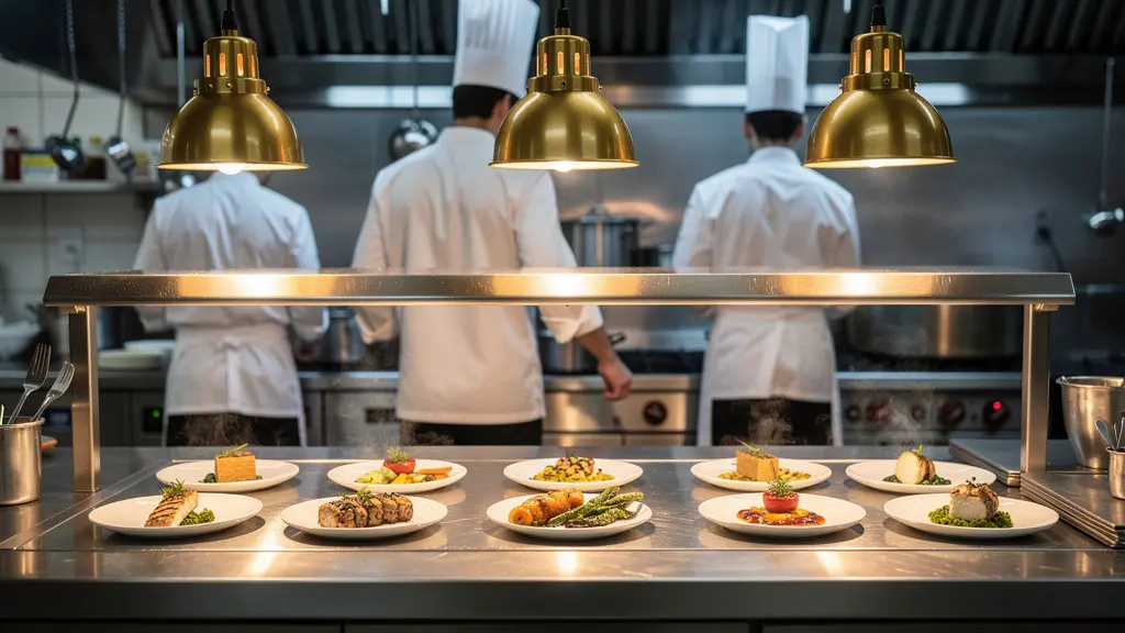 Cuisine professionnelle avec passe-plat éclairé et organisation optimisée du service