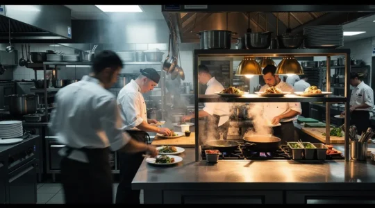 Brigade de cuisine en pleine action durant le service du samedi soir