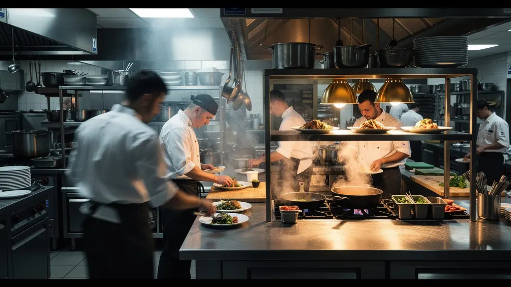Brigade de cuisine en pleine action durant le service du samedi soir