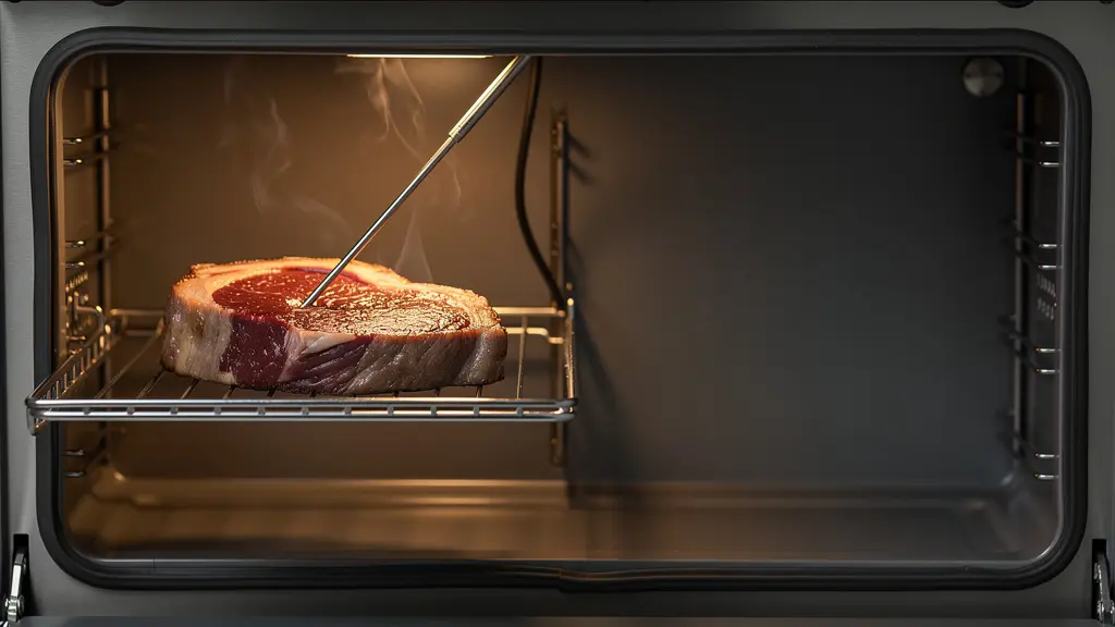 Côte de bœuf en cours de cuisson basse température dans un four avec sonde thermomètre plantée