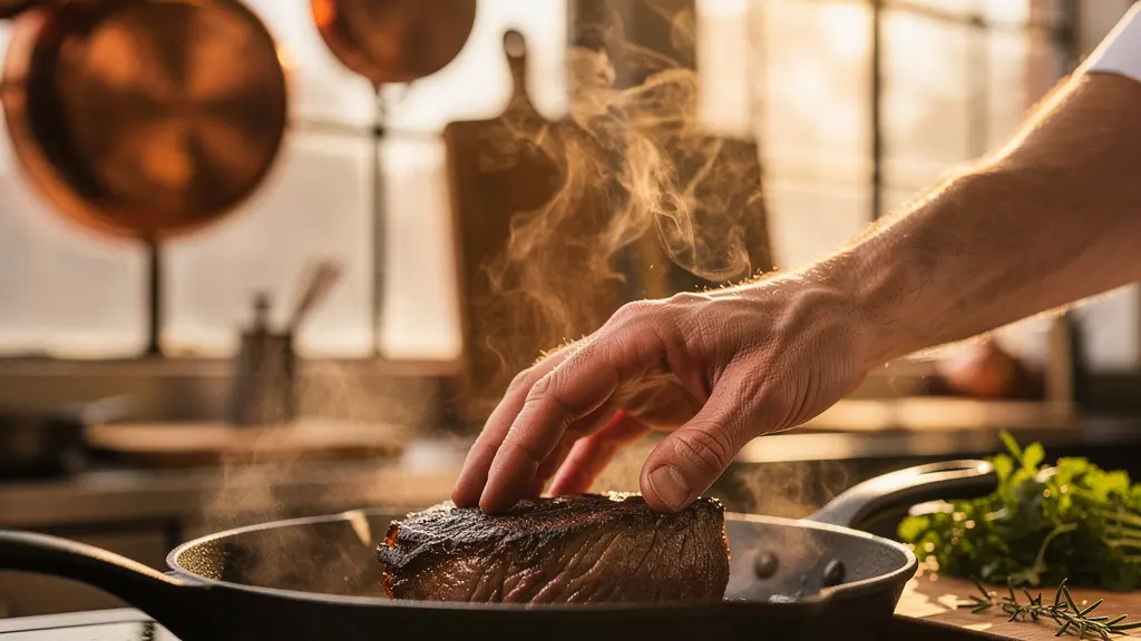 Chef expérimenté testant la cuisson d'une pièce de bœuf avec la paume de sa main dans une cuisine professionnelle