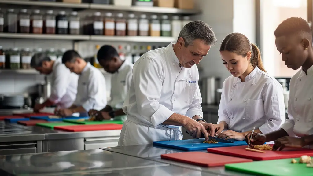 Équipe de cuisine professionnelle travaillant en collaboration avec des codes couleur visibles et des thermomètres dans un environnement organisé