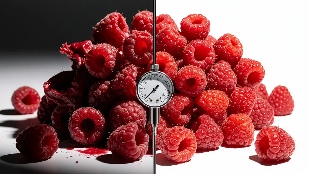 Infographie montrant différents niveaux de vide pour aliments fragiles avec framboises préservées
