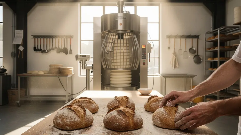 Plan large d'un atelier de boulangerie montrant l'harmonie entre équipements modernes et gestes traditionnels