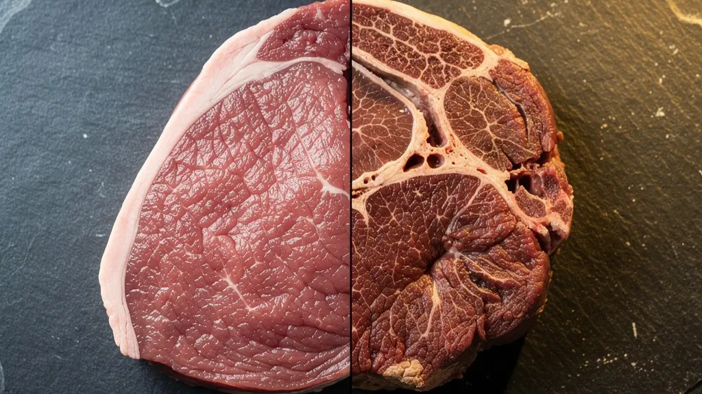 Comparaison visuelle de fibres musculaires avant et après maturation enzymatique