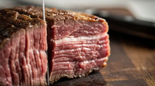 Coupe perpendiculaire des fibres musculaires d'une pièce de viande rouge sur planche à découper