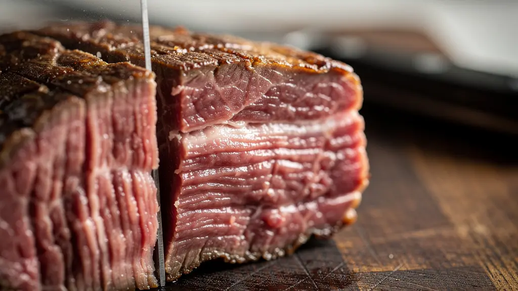 Coupe perpendiculaire des fibres musculaires d'une pièce de viande rouge sur planche à découper