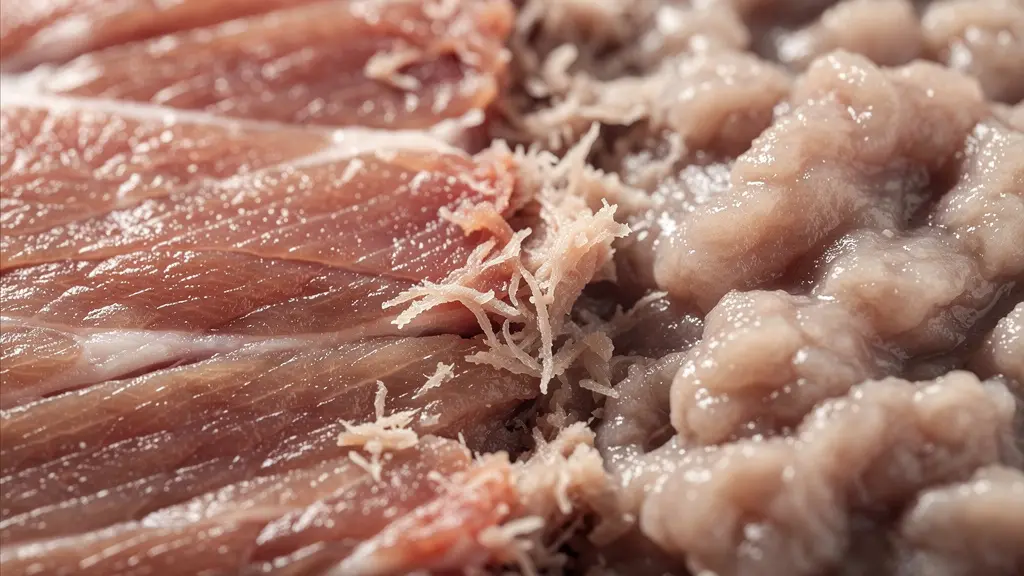 Vue en coupe montrant la dégradation excessive des fibres de viande par les enzymes