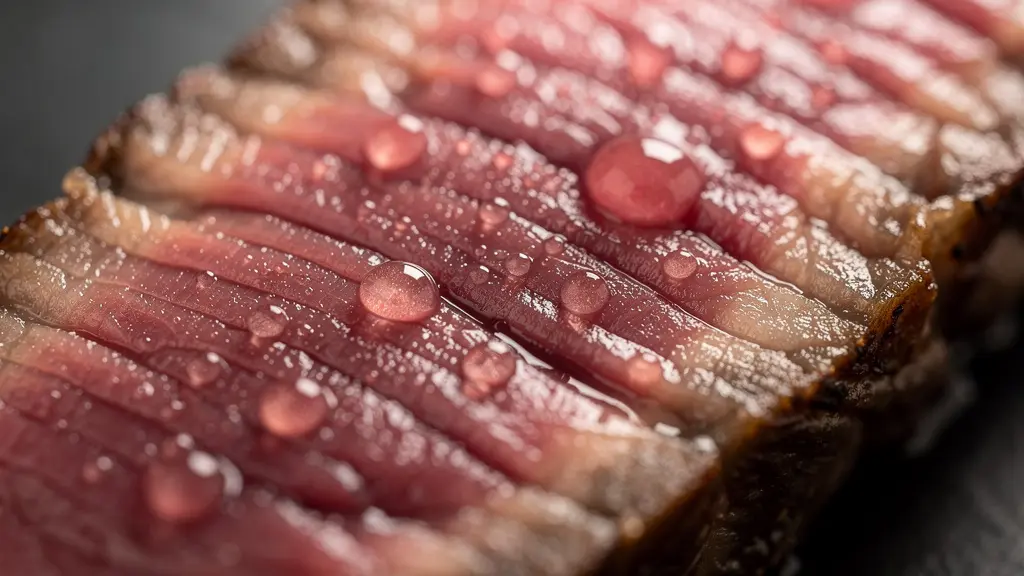 Coupe transversale d'une viande montrant les fibres musculaires gorgées de jus après repos
