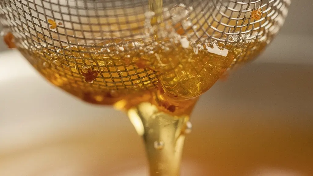 Vue macro du beurre noisette filtré montrant les particules dorées et la texture liquide ambrée