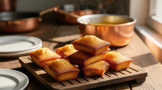 Financiers dorés dans un environnement de pâtisserie artisanale avec ustensiles en cuivre