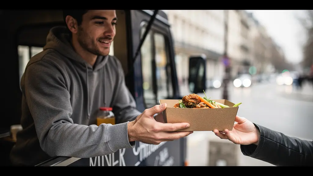 Comptoir food truck avec employé servant plateau carton garni vers client