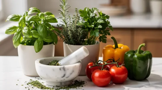 Bouquet d'herbes aromatiques fraîches avec mortier en pierre et légumes colorés
