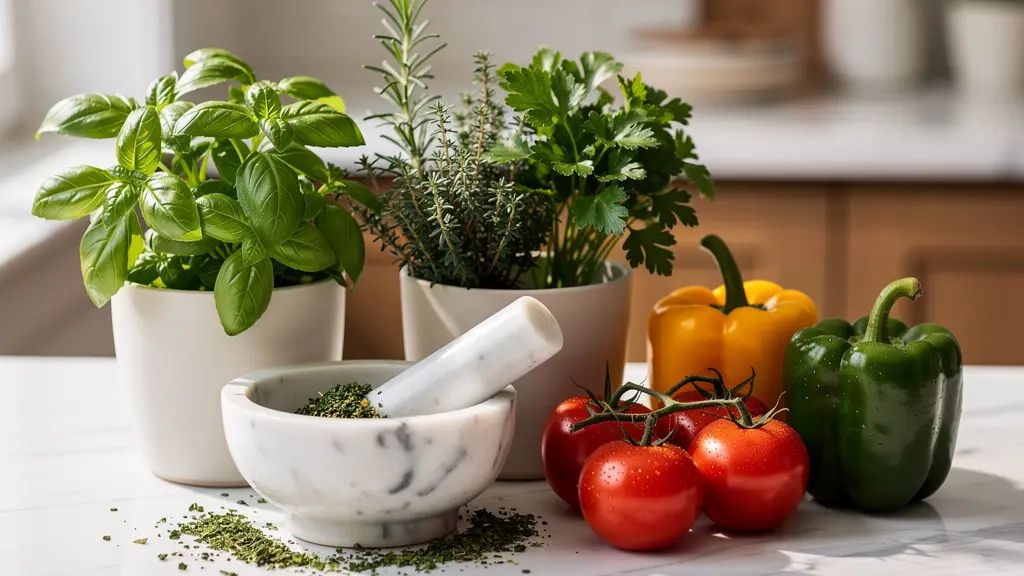 Bouquet d'herbes aromatiques fraîches avec mortier en pierre et légumes colorés