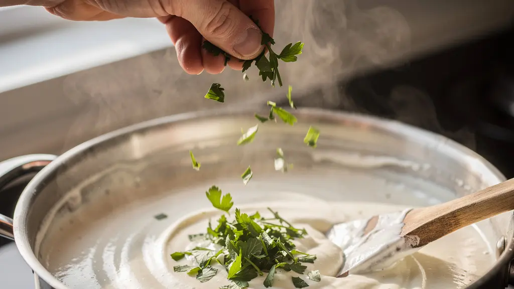 Main d'un chef ajoutant des herbes fraîches ciselées en finition dans une sauce fumante pour en préserver la couleur et les arômes.