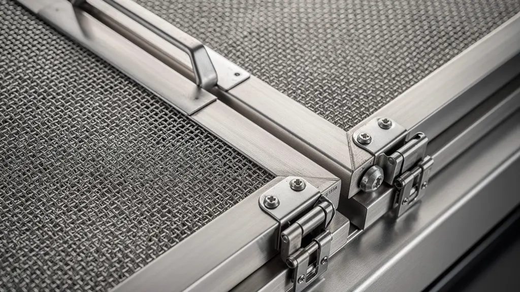 Vue macro détaillée de filtres de hotte professionnelle en acier inoxydable avec système d'accès facilité
