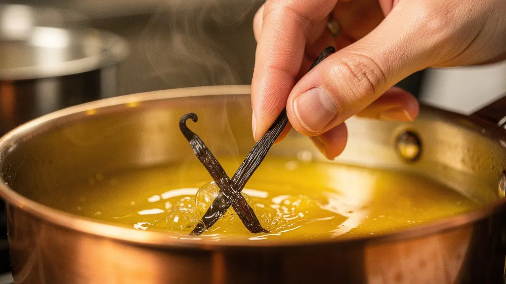 Main de pâtissier ajoutant délicatement une gousse de vanille fendue dans le beurre doré