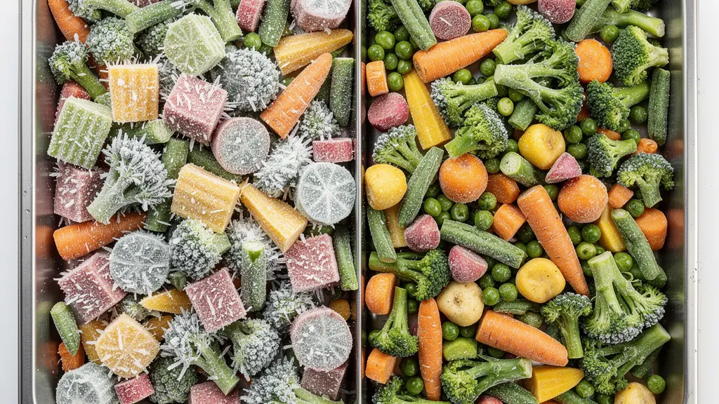 Comparaison visuelle entre légumes frais et surgelés IQF dans une cuisine de collectivité