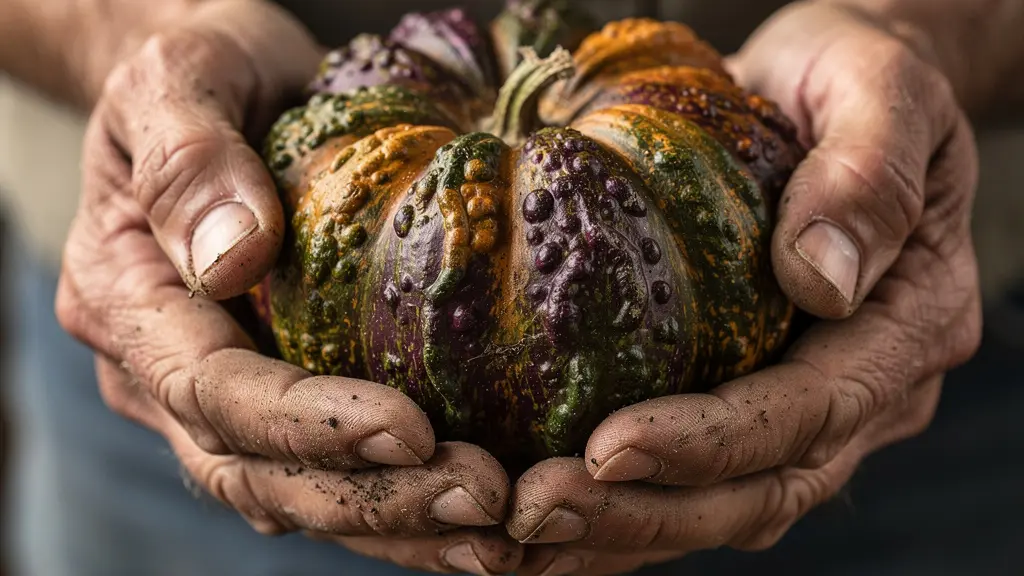 Gros plan sur des mains tenant délicatement une variété de légume ancien aux formes inhabituelles