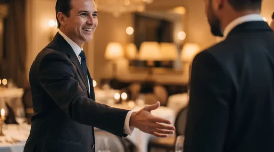 Maître d'hôtel accueillant chaleureusement des clients dans un restaurant élégant