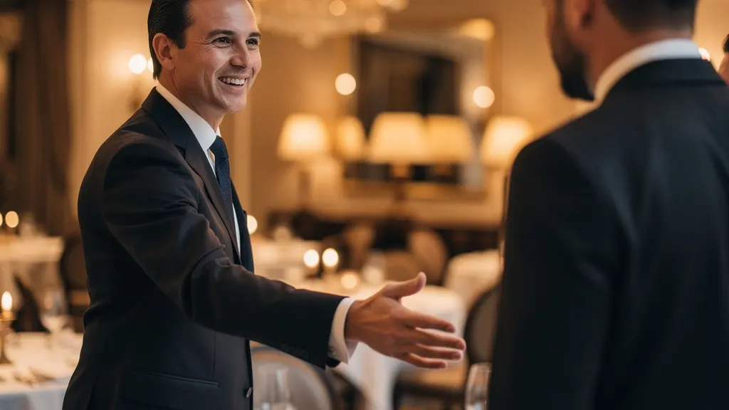 Maître d'hôtel accueillant chaleureusement des clients dans un restaurant élégant