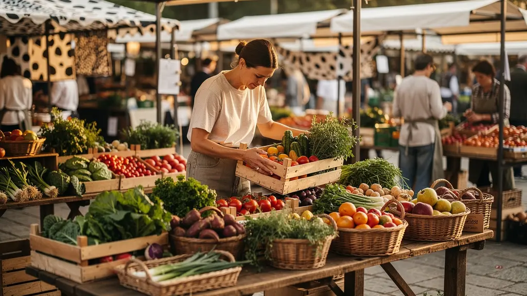 Rencontre entre un restaurateur et des producteurs locaux sur un marché de producteurs