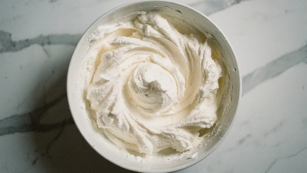 Vue plongeante d'un bol montrant la transformation du beurre-sucre en crème aérienne