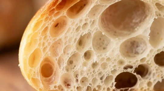 Gros plan sur une mie de pain crème aux alvéoles irrégulières avec une texture souple et moelleuse