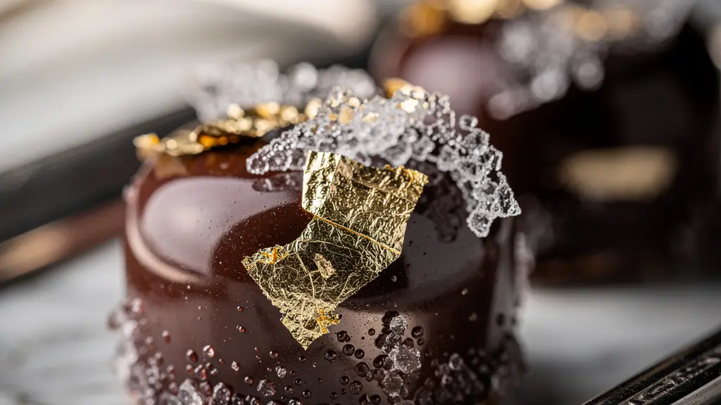 Vue macro de mignardises de luxe avec feuilles d'or et textures chocolatées