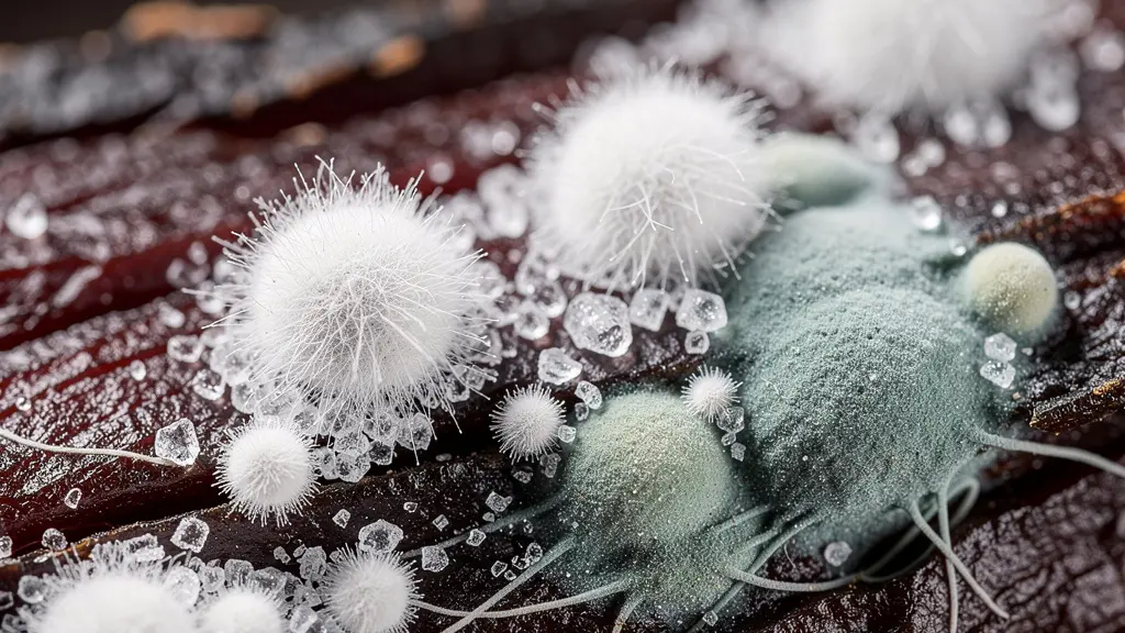 Vue macro de moisissures blanches saines sur croûte de viande maturée