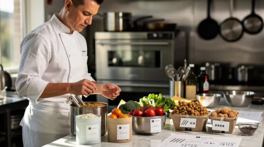 Chef examinant des ingrédients premium avec balance et fiches techniques en cuisine professionnelle
