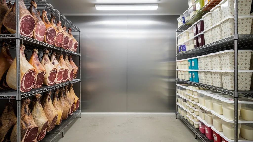 Vue d'ensemble d'une chambre froide professionnelle avec zones de stockage distinctes