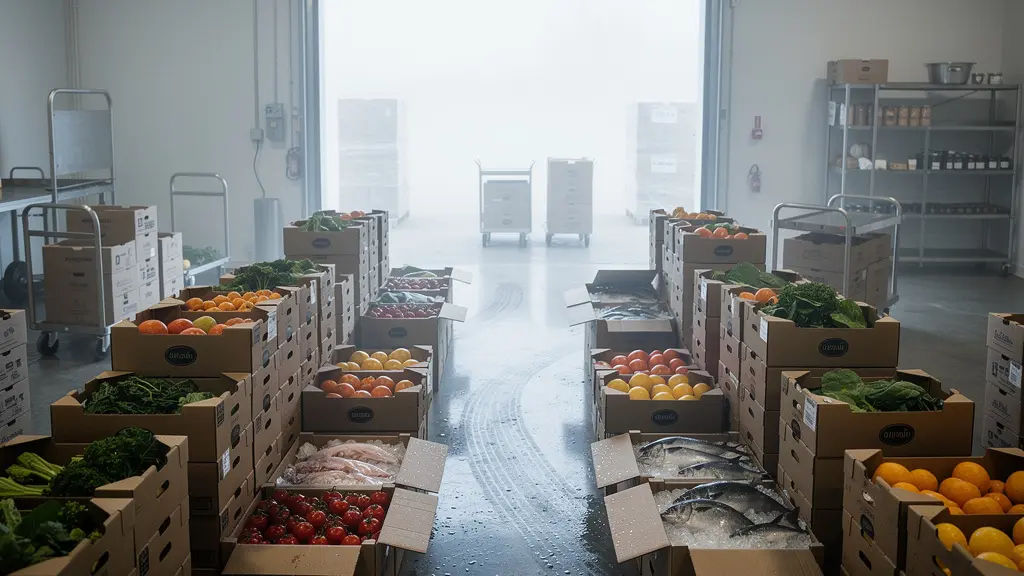 Vue d'ensemble d'une zone de réception avec produits frais datés et organisés