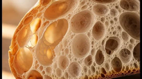 Coupe transversale d'un pain artisanal montrant un alvéolage sauvage et irrégulier avec de grandes bulles dans la mie