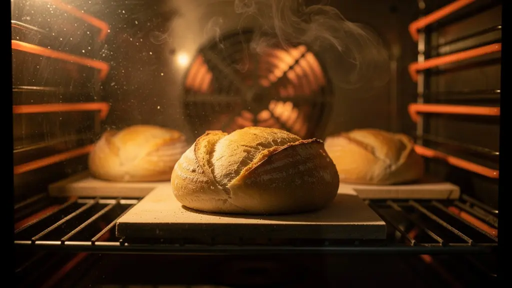 Pain en début de cuisson dans un four avec vapeur montrant le développement de l'alvéolage