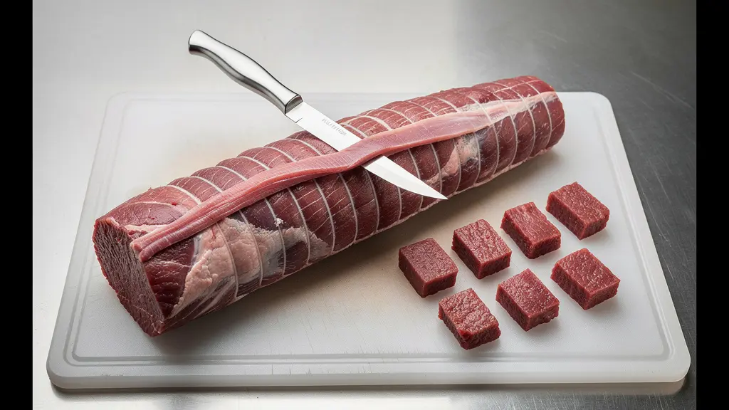 Gros plan sur le parage minutieux du filet de bœuf avec retrait de la membrane argentée