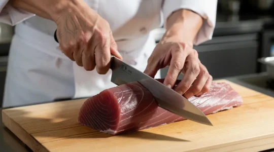 Chef japonais découpant délicatement un filet de poisson frais avec un couteau yanagiba traditionnel