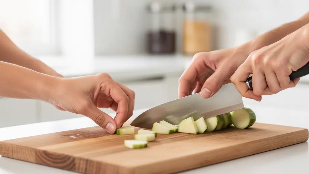 Position de la main en griffe lors de la découpe sécurisée d'un oignon sur planche de bois