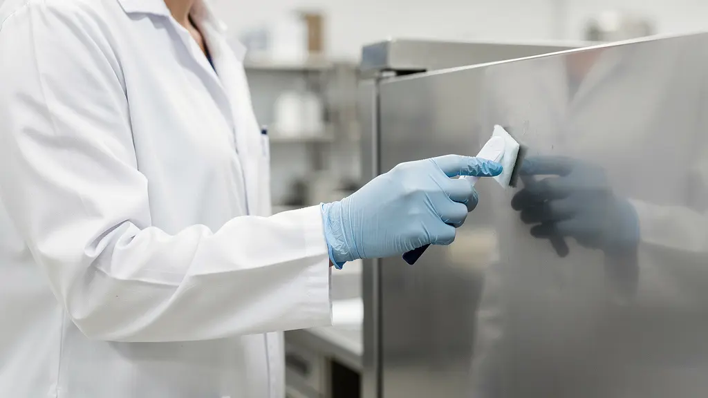 Technicien en blouse blanche effectuant un prélèvement sur une surface en inox avec un écouvillon