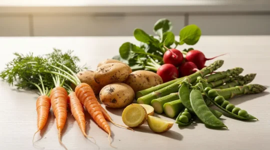 Arrangement de légumes primeurs frais avec leurs textures croquantes et couleurs vibrantes