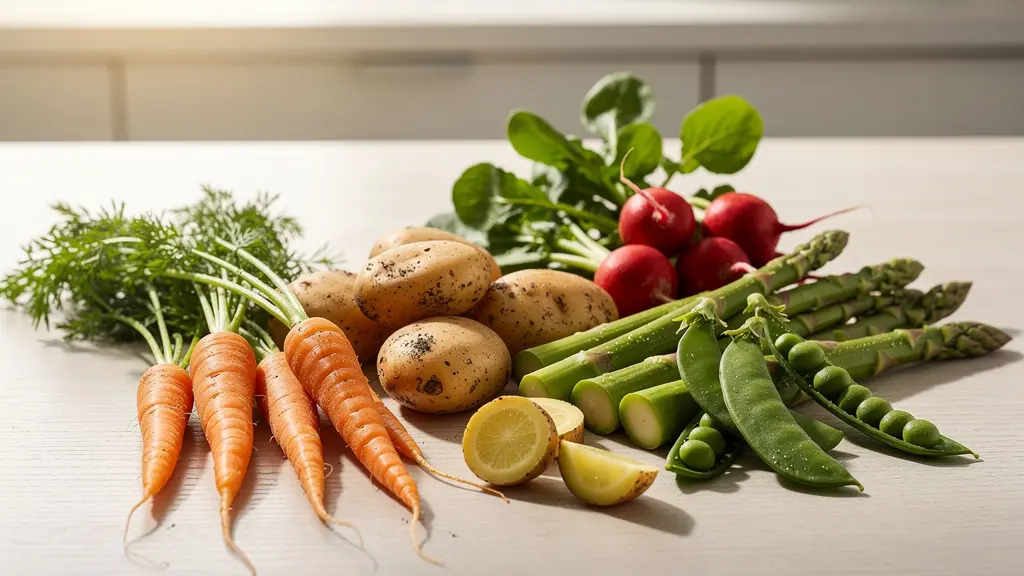 Arrangement de légumes primeurs frais avec leurs textures croquantes et couleurs vibrantes