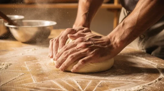 Mains d'artisan façonnant une pâte avec précision sur un plan de travail fariné