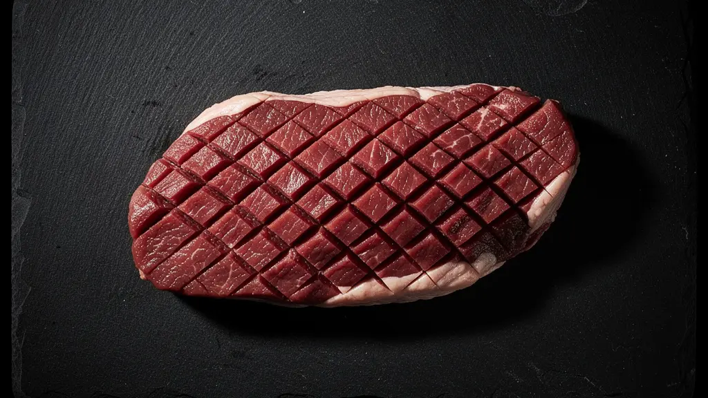 Vue macro d'un morceau de viande avec quadrillage en losange sur la surface avant cuisson