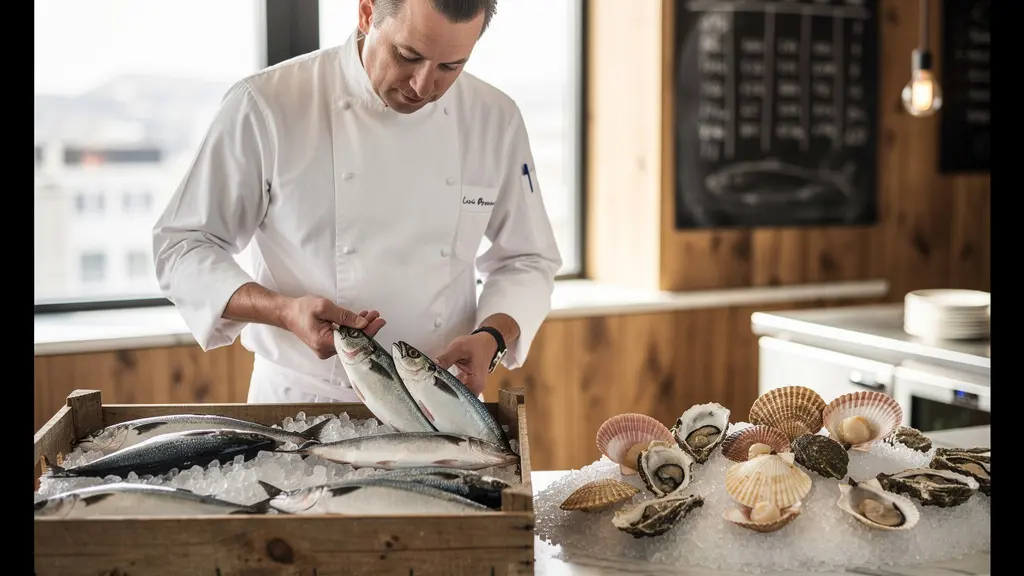Chef cuisinant des poissons durables dans une cuisine professionnelle avec des espèces de saison