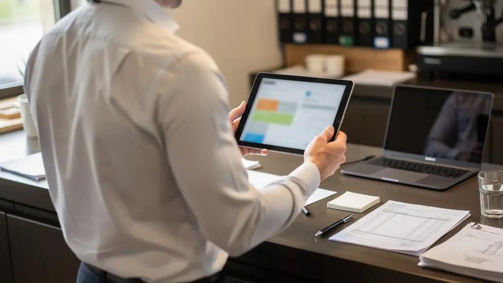 Gérant de restaurant vérifiant la documentation fournisseur sur tablette