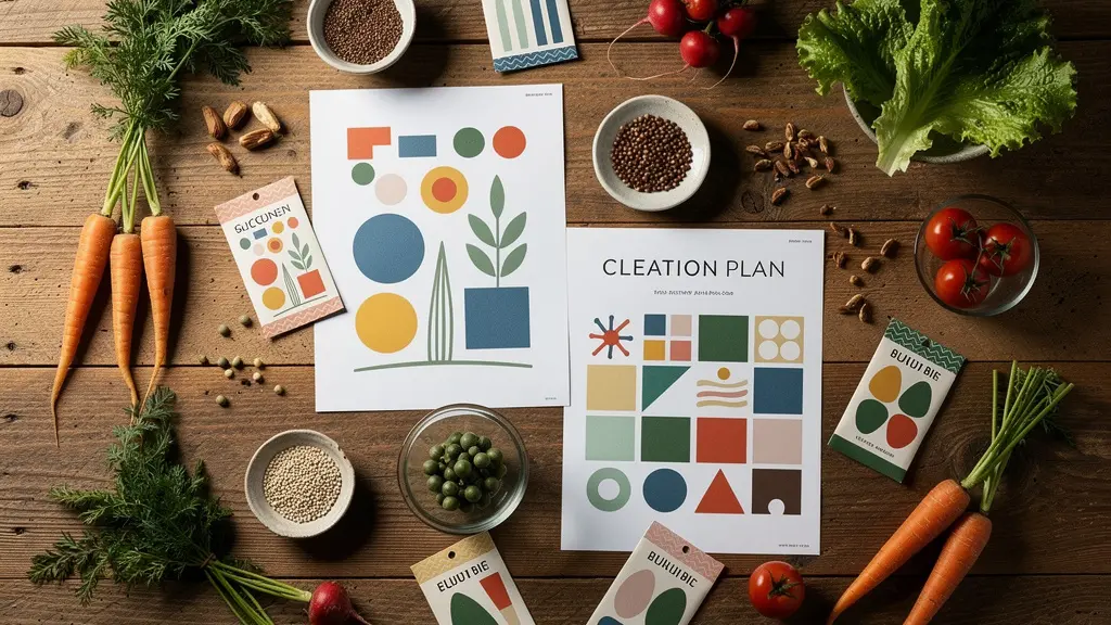 Vue aérienne d'une table de travail avec plans de culture, calendrier saisonnier et échantillons de légumes