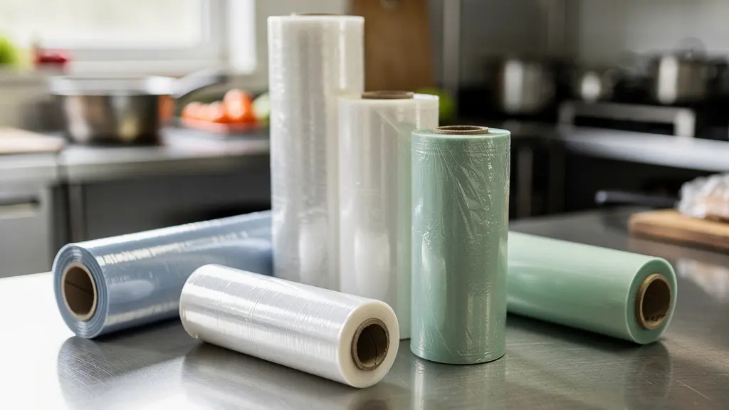Différents rouleaux de films alimentaires professionnels sur plan de travail inox