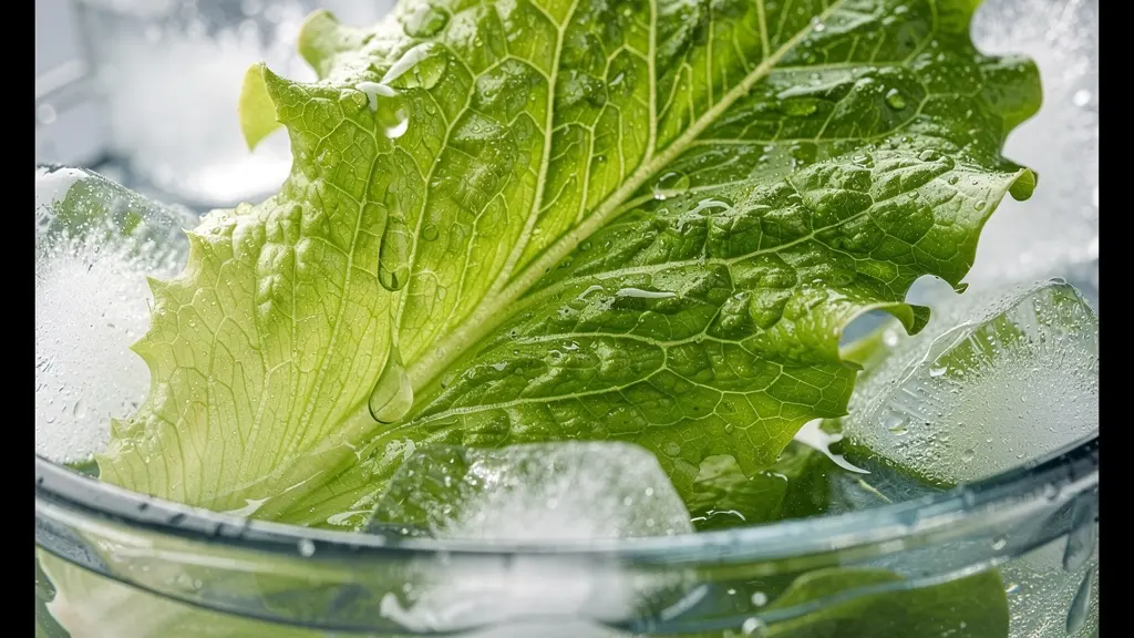 Feuilles de salade immergées dans un bol d'eau glacée avec des glaçons visibles