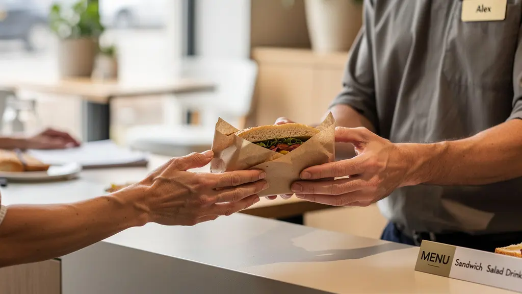 Client recevant sandwich emballé dans papier kraft biodégradable au comptoir restaurant